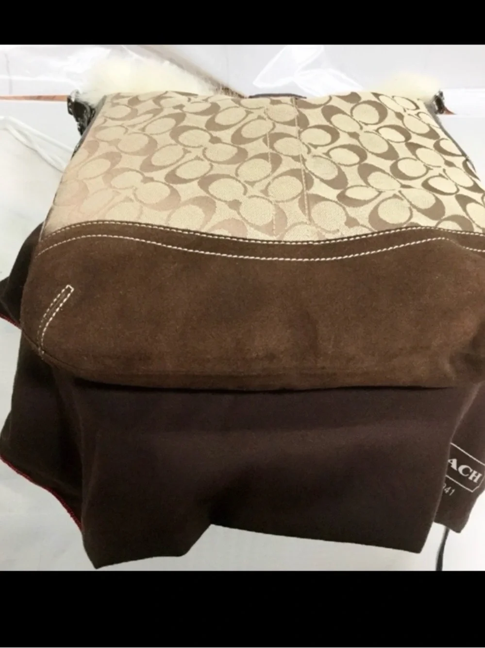 Coach Brown Signature Hobo with Cream Fur Trim